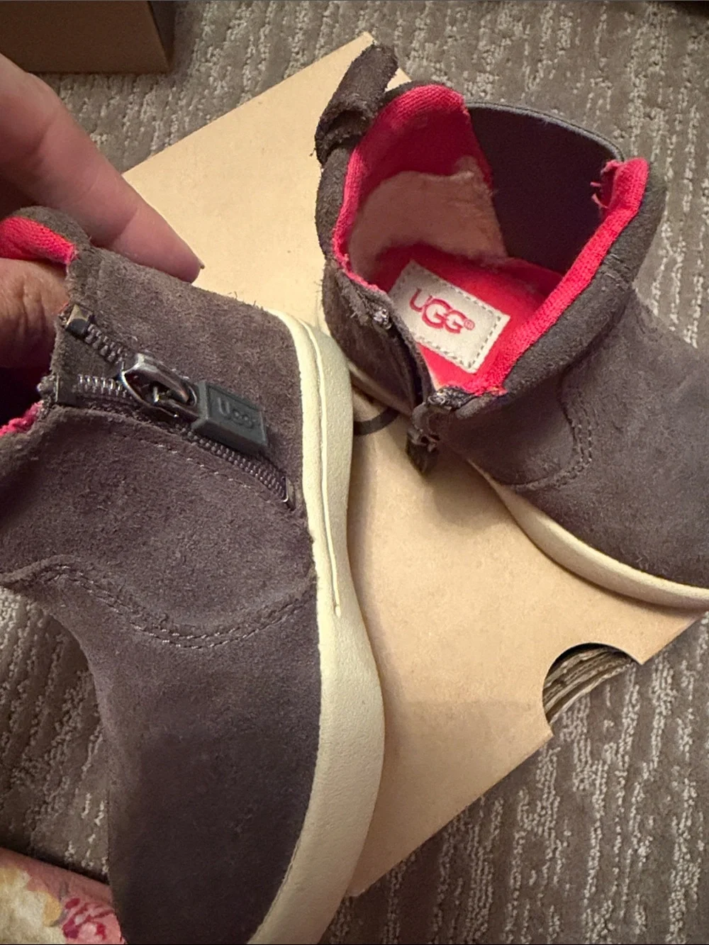 UGG Kids Brown Suede Boots with Red Interior